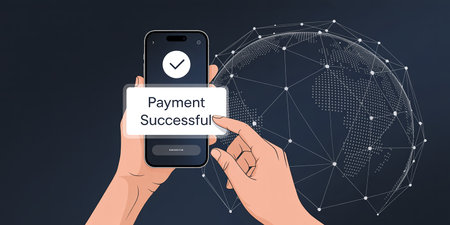 Pay per click concept. Hand holding smartphone with online payment on screen. Vector illustrationの素材