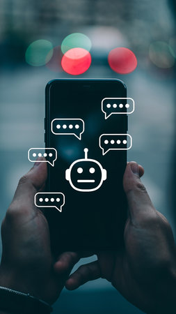 Smartphone with chatbot icon in front of a blurred background.の素材