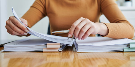 Close-up of businesswoman working with documents at table in officeの素材