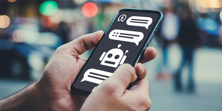 Man using a smartphone with chat concept on the screen. All screen graphics are made up.の素材