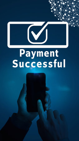 Payment Success concept. Hand holding mobile smart phone and check markの素材