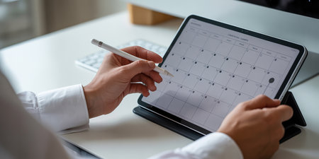 Close-up of a woman holding a pen and a calendar.の素材