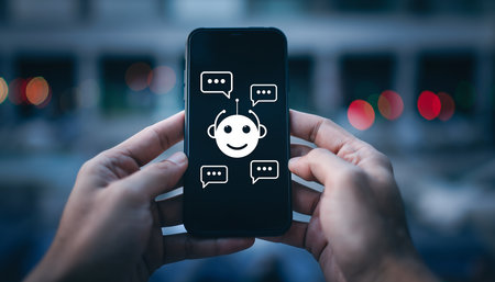 Smartphone screen displaying a chatbot concept in front of a blurred backgroundの素材