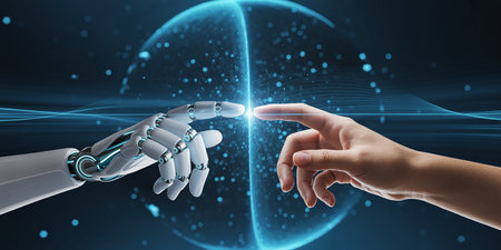 A robot hand and human hand reaching to touch with digital light and energy. Clear details and vibrant colors...の素材