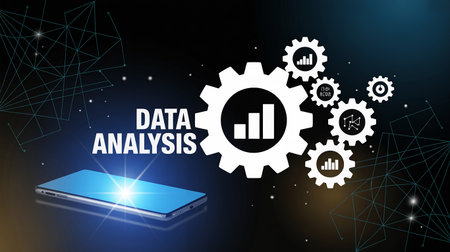 Statistics showing smartphone displaying data analysis with gears and network lines on dark background...の素材
