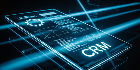 Futuristic transparent screen displaying CRM data and charts with glowing blue linesの素材