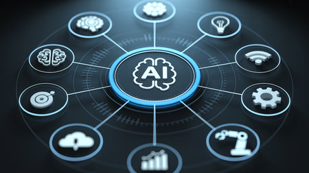 Central AI brain icon with surrounding technology and innovation icons Clear details and vibrant colors enhan...の素材