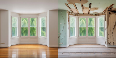 Split image shows a room before and after renovation, highlighting damage and repair contrast.の素材