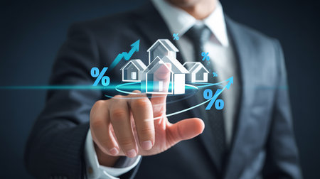 A businessman's hand interacts with a holographic display showing houses and rising percentages.の素材