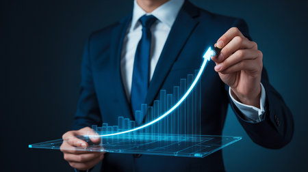 A man in a suit draws a glowing blue upward trend arrow and bar chart. Clear details and vibrant colors enhan...の素材