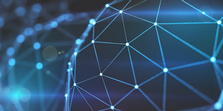 Close-up of a glowing blue digital network sphere with bokeh lights in the backgroundの素材