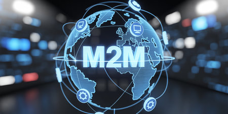 A blue globe with M2M text and network connections against a blurred background. Clear details and vibrant co...の素材