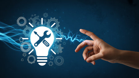 Hand interacting with a glowing lightbulb idea symbol with electrical energy and gearsの素材