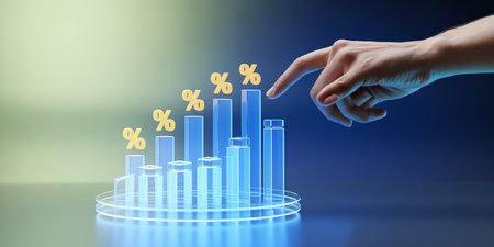 Hand points to a glowing bar graph with percentage symbols showing financial growth.の素材