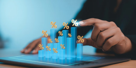 Hand interacts with a holographic bar graph showing percentage increases on a tablet.の素材