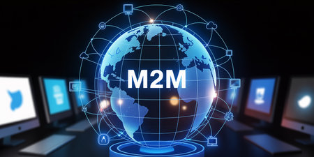 A glowing blue globe with M2M text and connected devices on a dark background. Clear details and vibrant colo...の素材