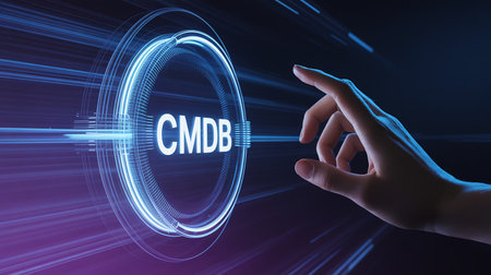 A hand reaches out to touch a glowing CMDB button on a futuristic interface. Clear details and vibrant colors...の素材