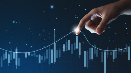 A finger touches a glowing point on a digital stock market chart with stars. Clear details and vibrant colors...の素材