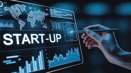 Analytics showing hand touching screen displaying global map and startup business analytics charts keywords:...の素材