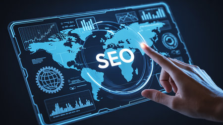 Hand touching a digital screen showing SEO text and world map data analytics. Clear details and vibrant color...の素材