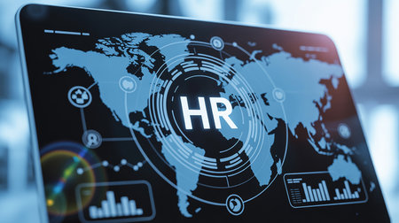 Digital HR interface with world map and data analytics on a screen. Clear details and vibrant colors enhance ...の素材