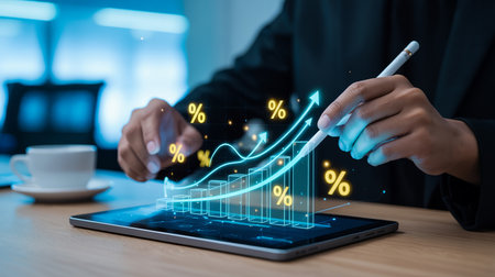 Person analyzing a glowing financial growth chart with percentages on a tablet Clear details and vibrant colo...の素材