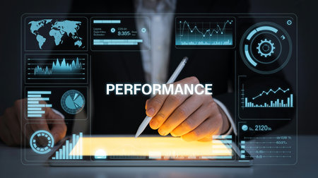 Person interacting with a digital tablet displaying PERFORMANCE and data analytics.の素材