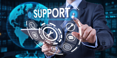 Person holds tablet and touches SUPPORT digital interface with icons and a globe.の素材