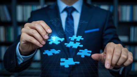 Person in suit assembling glowing blue puzzle pieces on a digital grid Clear details and vibrant colors enhan...の素材
