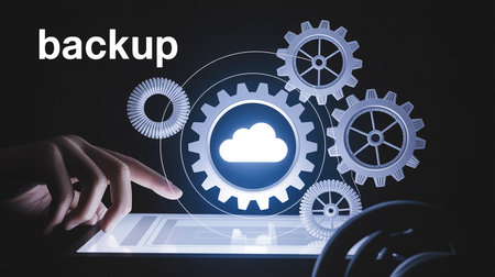 Sync showing hand touching tablet displaying cloud backup icon and gears animation keywords: backup, cloud,...の素材
