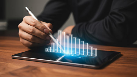 Hand with stylus on tablet showing rising bar graph. Clear details and vibrant colors enhance visual appeal.の素材