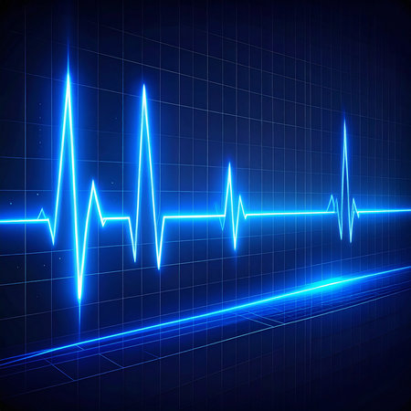 Neon blue heartbeat line on a dark grid background with futuristic light streaks.の素材