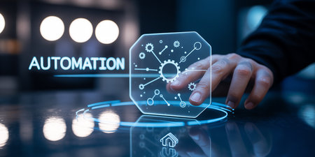 Touching showing person's hand interacting with a futuristic holographic interface displaying automation...の素材