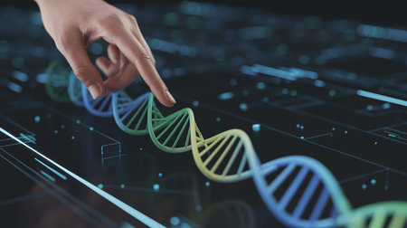 A human finger touches a glowing 3D DNA helix on a digital interface. Clear details and vibrant colors enhanc...の素材