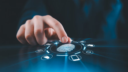 A finger interacts with a glowing digital fingerprint scanner and surrounding icons.の素材