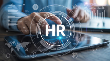 Person touching an HR interface on a tablet with data charts and a world map Clear details and vibrant colors...の素材