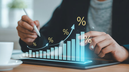 Person using a stylus on a tablet displaying a financial growth chart with percentagesの素材