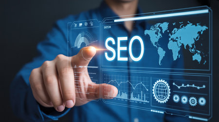 Finger touching a digital screen displaying SEO text and global data analytics. Clear details and vibrant col...の素材