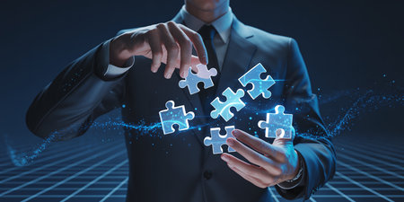 A man in a suit holds and connects glowing puzzle pieces with particles. Clear details and vibrant colors enh...の素材