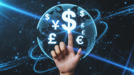 A finger touches global currency symbols on a digital sphere with glowing light trails.の素材