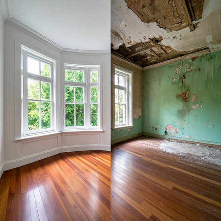 Split screen shows a clean renovated room contrasted with a decaying, damaged room.の素材