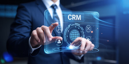 Businessman interacts with a glowing CRM digital interface featuring a globe and user icons.の素材