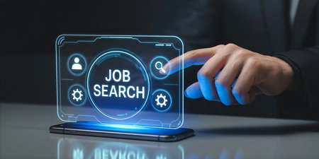 Touching showing person using futuristic holographic interface for job search with icons and glowing...の素材