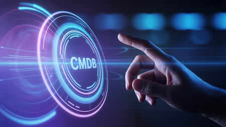 A hand touches a glowing circular interface displaying the text CMDB and abstract lights.の素材