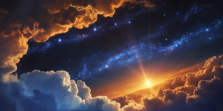 Emerging showing cosmic sky with glowing sunburst through clouds and starry nebula keywords: space, sky,...の素材