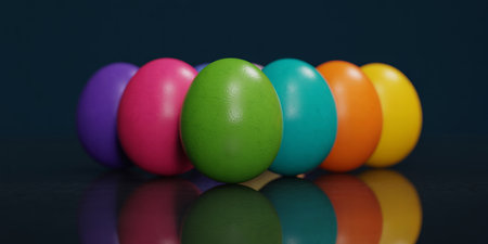 Colorful easter eggs on a dark background. Selective focus.の素材