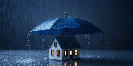 House under a blue umbrella in the rain, 3d illustration.の素材