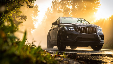 Black car on the road in the foggy forest at sunset.の素材