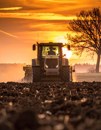 Tractor plowing the field in the early spring at sunset.の素材