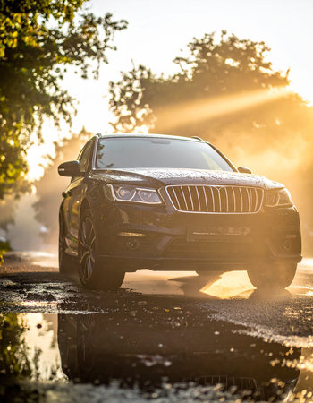 Mercedes-Benz C63 AMG on the road at sunsetの素材